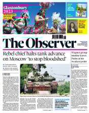 The Observer front page for 25 June 2023