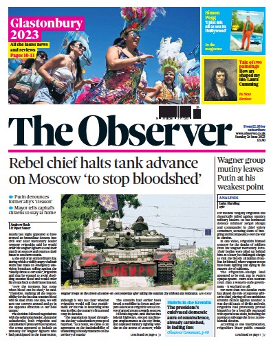 The Observer Newspaper Front Page (UK) for 25 June 2023