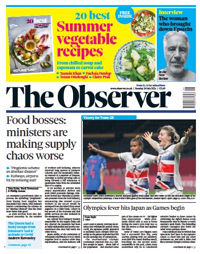 The Observer Newspaper Front Page (UK) for 25 July 2021