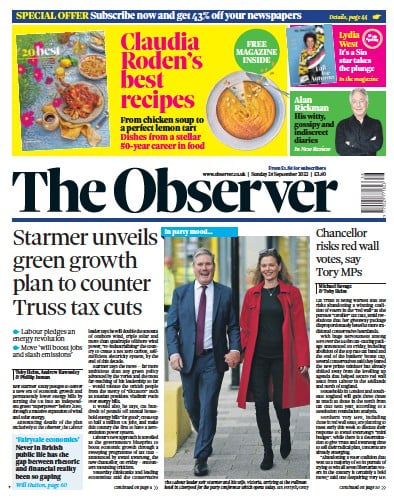 The Observer Newspaper Front Page (UK) for 25 September 2022