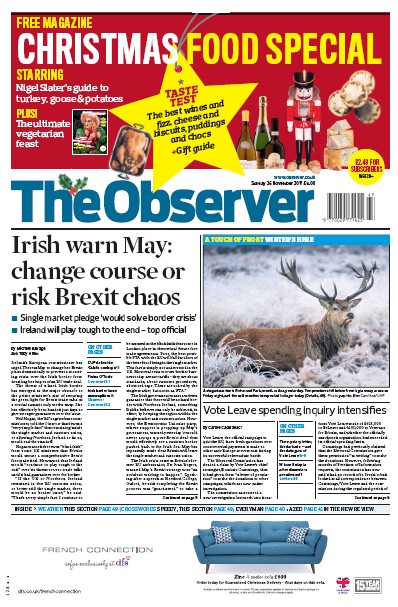 The Observer Newspaper Front Page (UK) for 26 November 2017