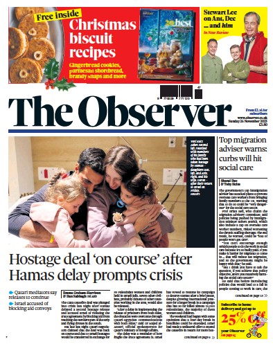 The Observer Newspaper Front Page (UK) for 26 November 2023