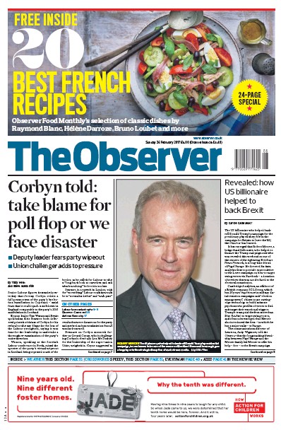 The Observer Newspaper Front Page (UK) for 26 February 2017