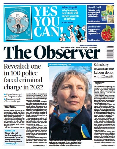 The Observer Newspaper Front Page (UK) for 26 February 2023