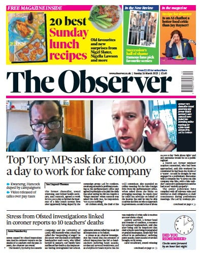 The Observer Newspaper Front Page (UK) for 26 March 2023