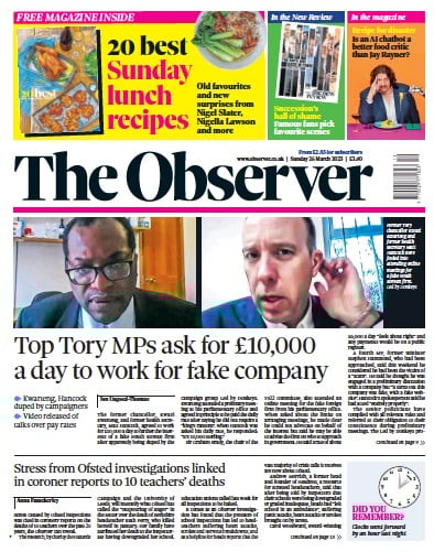 The Observer Newspaper Front Page (UK) for 26 March 2023
