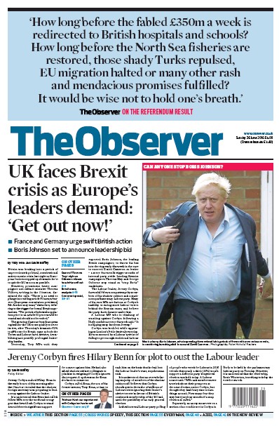 The Observer Newspaper Front Page (UK) for 26 June 2016