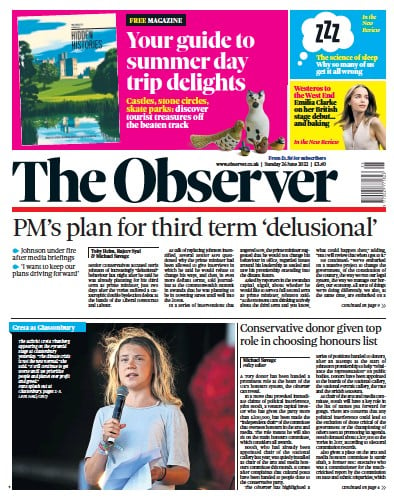 The Observer Newspaper Front Page (UK) for 26 June 2022