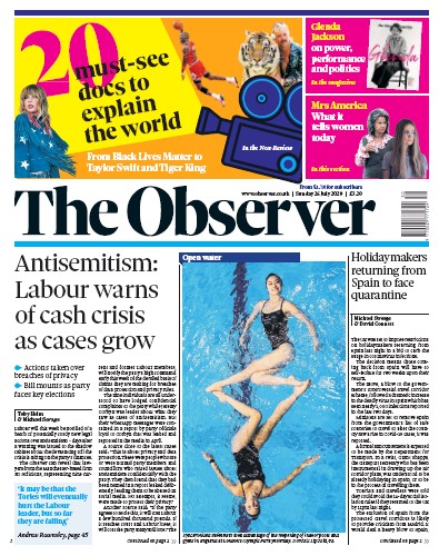 The Observer Newspaper Front Page (UK) for 26 July 2020