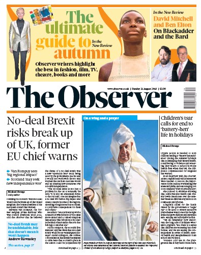 The Observer Newspaper Front Page (UK) for 26 August 2018