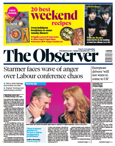 The Observer Newspaper Front Page (UK) for 26 September 2021