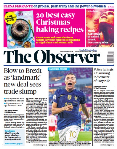 The Observer Newspaper Front Page (UK) for 27 November 2022