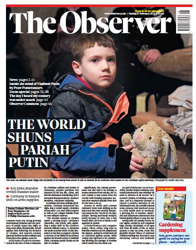 The Observer Newspaper Front Page (UK) for 27 February 2022