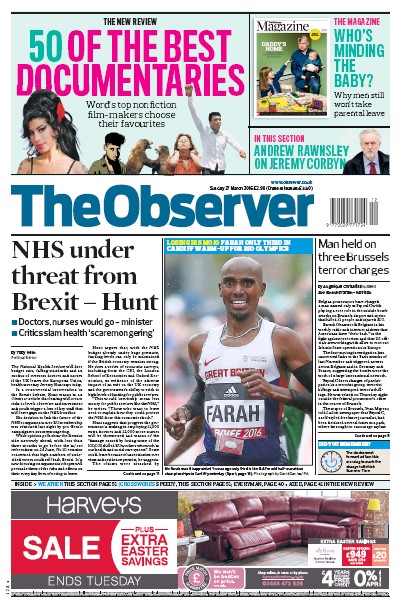 The Observer Newspaper Front Page (UK) for 27 March 2016