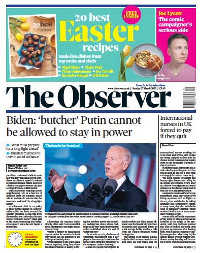 The Observer Newspaper Front Page (UK) for 27 March 2022