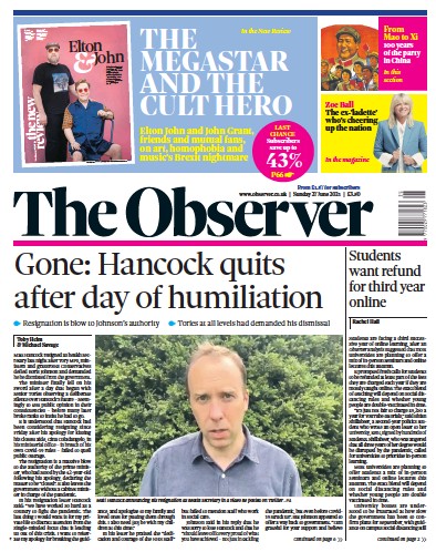 The Observer Newspaper Front Page (UK) for 27 June 2021