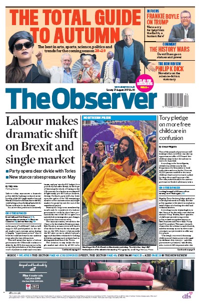 The Observer Newspaper Front Page (UK) for 27 August 2017