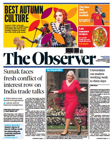 The Observer Newspaper Front Page (UK) for 27 August 2023