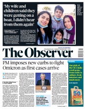 The Observer (UK) Newspaper Front Page for 28 November 2021