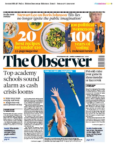 The Observer Newspaper Front Page (UK) for 28 January 2018