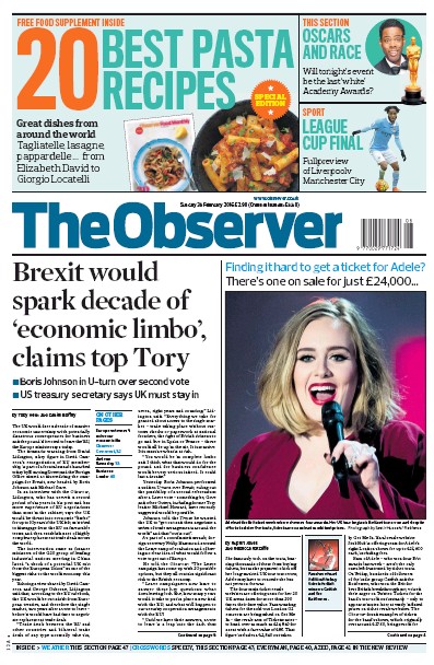 The Observer Newspaper Front Page (UK) for 28 February 2016