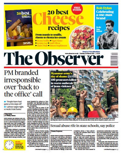 The Observer Newspaper Front Page (UK) for 28 March 2021
