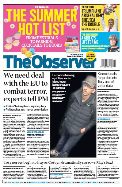 The Observer Newspaper Front Page (UK) for 28 May 2017