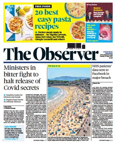 The Observer Newspaper Front Page (UK) for 28 May 2023