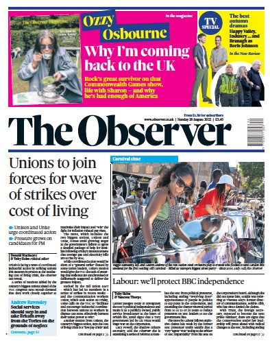 The Observer Newspaper Front Page (UK) for 28 August 2022