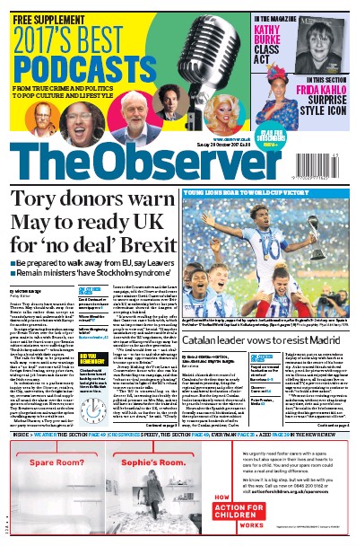 The Observer Newspaper Front Page (UK) for 29 October 2017