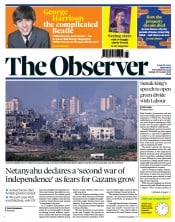 The Observer front page for 29 October 2023
