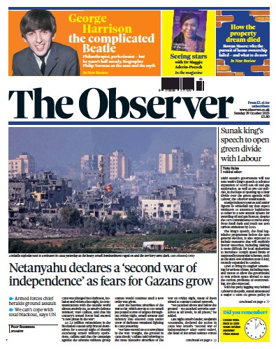 The Observer Newspaper Front Page (UK) for 29 October 2023