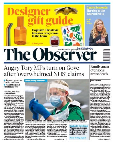 The Observer Newspaper Front Page (UK) for 29 November 2020