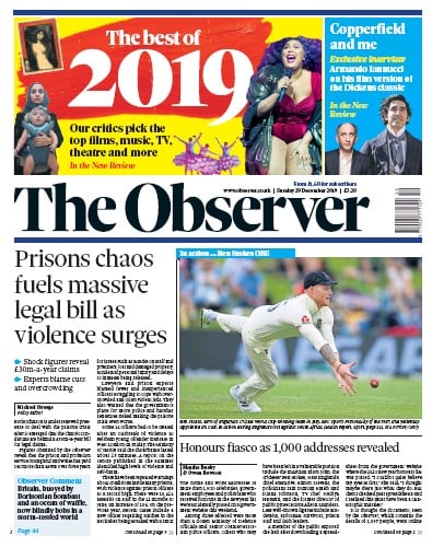 The Observer Newspaper Front Page (UK) for 29 December 2019