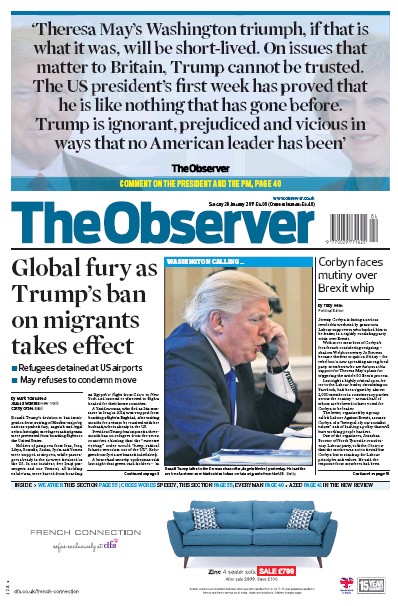 The Observer Newspaper Front Page (UK) for 29 January 2017