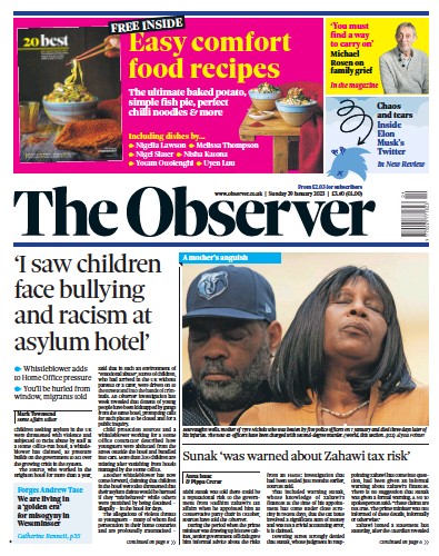 The Observer Newspaper Front Page (UK) for 29 January 2023