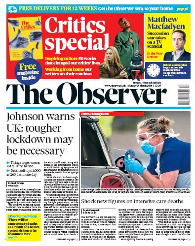 The Observer Newspaper Front Page (UK) for 29 March 2020