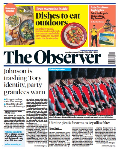 The Observer Newspaper Front Page (UK) for 29 May 2022