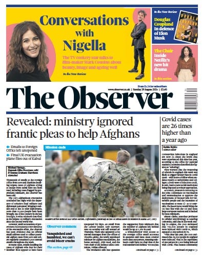 The Observer Newspaper Front Page (UK) for 29 August 2021