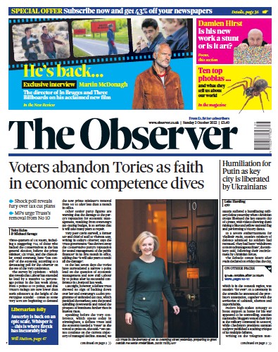 The Observer Newspaper Front Page (UK) for 2 October 2022