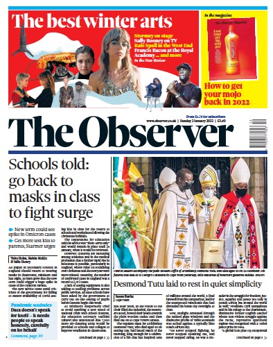 The Observer Newspaper Front Page (UK) for 2 January 2022