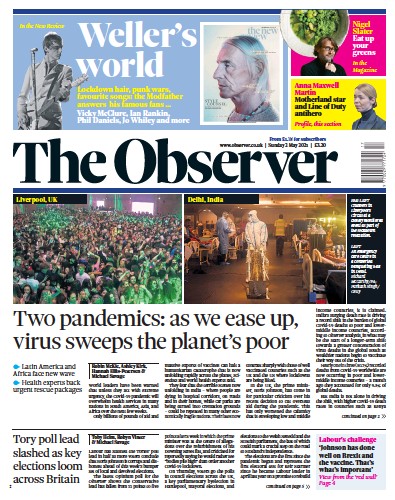 The Observer Newspaper Front Page (UK) for 2 May 2021