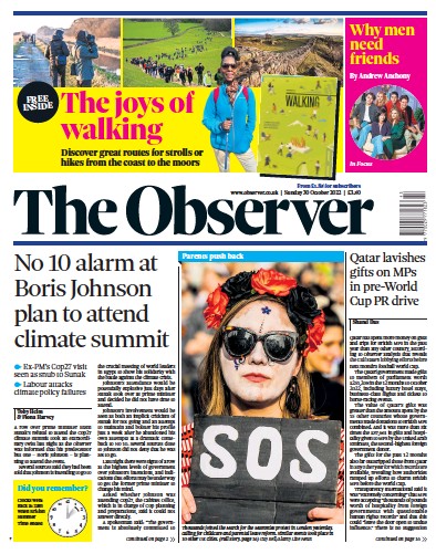 The Observer Newspaper Front Page (UK) for 30 October 2022