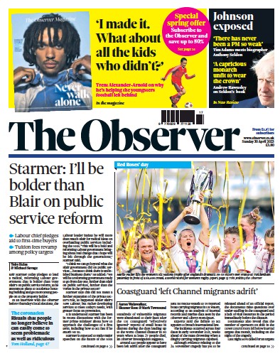 The Observer Newspaper Front Page (UK) for 30 April 2023