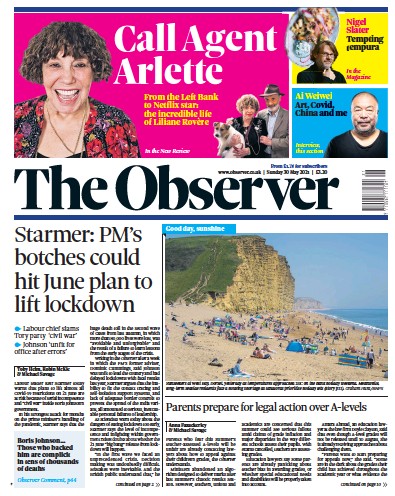 The Observer Newspaper Front Page (UK) for 30 May 2021