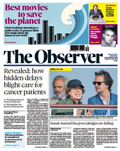 The Observer Newspaper Front Page (UK) for 30 July 2023