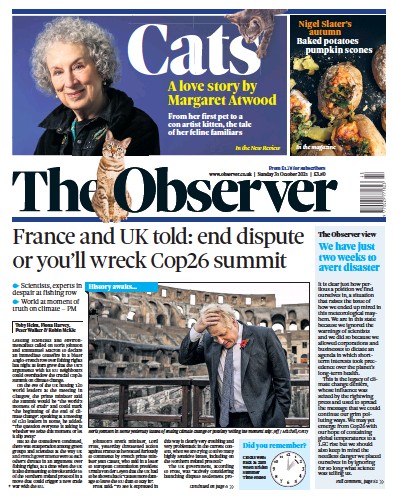 The Observer Newspaper Front Page (UK) for 31 October 2021