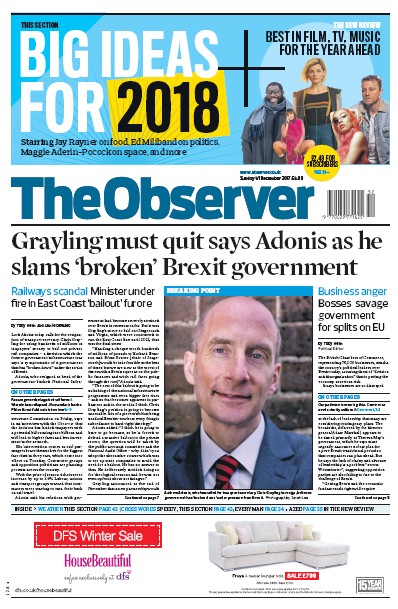The Observer Newspaper Front Page (UK) for 31 December 2017