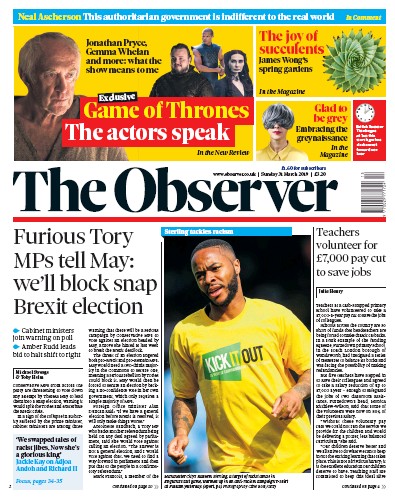 The Observer Newspaper Front Page (UK) for 31 March 2019