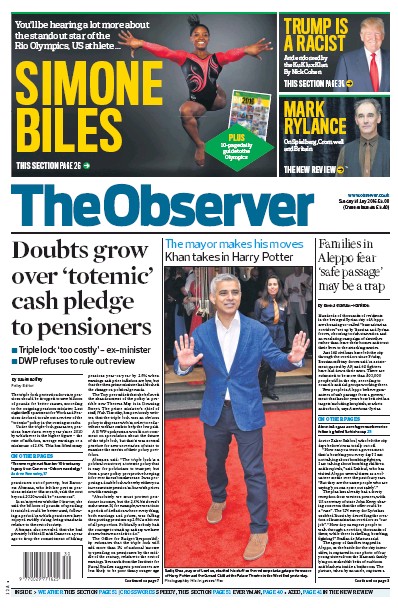 The Observer Newspaper Front Page (UK) for 31 July 2016